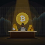 Trader en un escritorio moderno frente a Bitcoin y un lingote de oro, con gráficos ascendentes y fondo digital