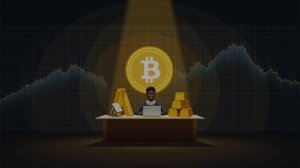 Trader en un escritorio moderno frente a Bitcoin y un lingote de oro, con gráficos ascendentes y fondo digital