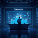Estación de trading futurista con un trader en escritorio, paneles holográficos de cripto y tokens, IA y branding Bitget.