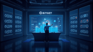Estación de trading futurista con un trader en escritorio, paneles holográficos de cripto y tokens, IA y branding Bitget.