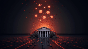 Imagen fotorealista de una torre del banco central, etfs deshaciéndose, iconos de cripto cayendo y flechas rojas de mercado.