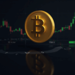 Icono de bitcoin sobre un tablero de trading moderno con nivel 115k, flechas verde-rojo y velas, silueta de la Fed