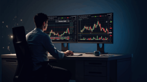Trader fotorealista frente a pantallas con gráfico BTC por debajo de 110k, Fear and Greed visible y iconos de blockchain