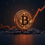 Moneda de Bitcoin en primer plano con gráficos de órdenes y flecha hacia 107k, luz de newsroom.