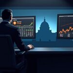 Newsroom trader at a desk with monitors showing Bitcoin and DXY trends, Fed silhouette in the background.