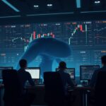 Piso de trading cripto, BTC en 112k en pantallas, silueta de ballena, traders institucionales ante liquidez y cobertura.