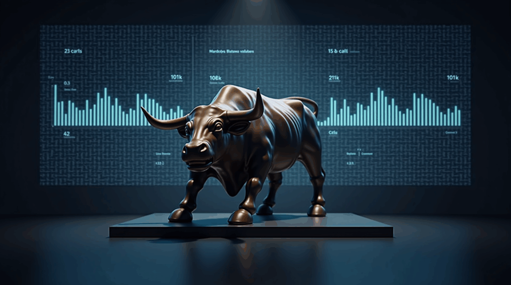 Escultura de toro en una sala de noticias, paneles holográficos de BTC con strikes 101k y 106k y barras de calls/puts.