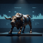 Escultura de toro en una sala de noticias, paneles holográficos de BTC con strikes 101k y 106k y barras de calls/puts.