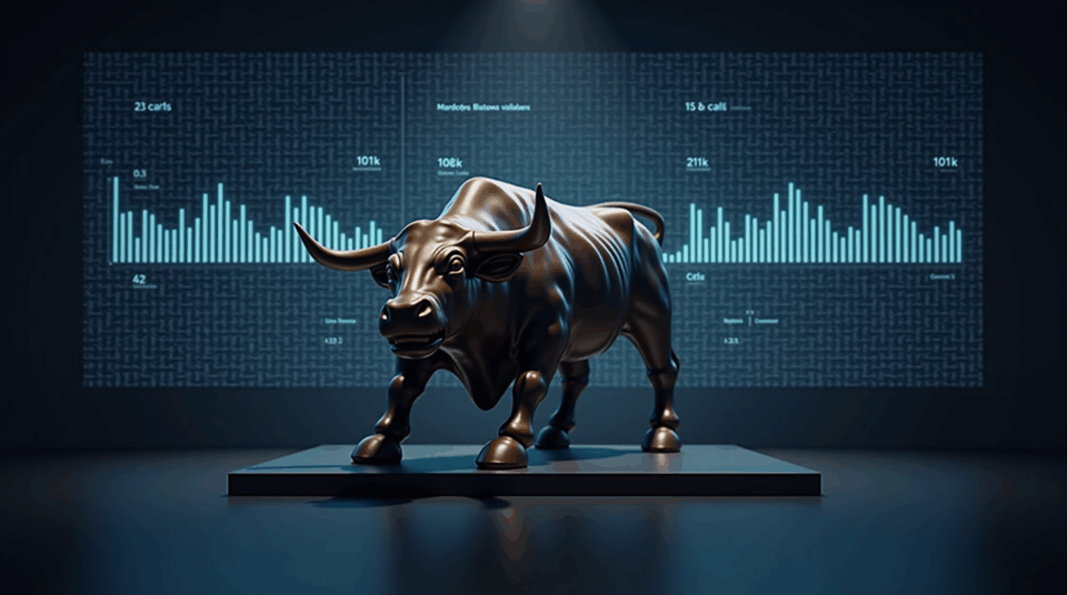 Escultura de toro en una sala de noticias, paneles holográficos de BTC con strikes 101k y 106k y barras de calls/puts.