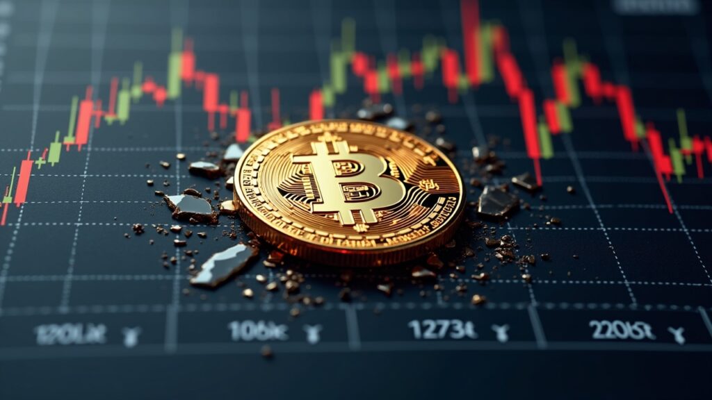 Gráfico realista de Bitcoin: logo BTC central sobre rejilla rota, marcadores 106k, 117k y 120k junto al cierre.