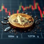 Gráfico realista de Bitcoin: logo BTC central sobre rejilla rota, marcadores 106k, 117k y 120k junto al cierre.
