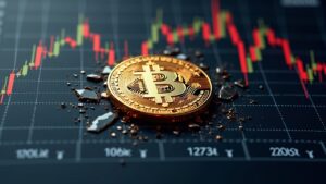 Gráfico realista de Bitcoin: logo BTC central sobre rejilla rota, marcadores 106k, 117k y 120k junto al cierre.