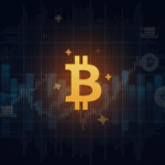 Logotipo de Bitcoin fusionado con emblemas de Asset Entities y Strive, fondo con rejilla digital, gráfica ascendente.
