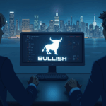 Logo de Bullish en un terminal de trading de alta tecnología frente al skyline de Nueva York, señalando la BitLicense.