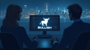 Logo de Bullish en un terminal de trading de alta tecnología frente al skyline de Nueva York, señalando la BitLicense.