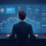 Trader en sala de noticias observa tablero holográfico con volúmenes cripto al alza y la insignia BitLicense, frente al skyline de Nueva York.