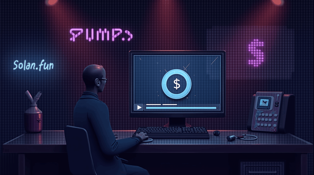 Cabecera cripto realista con Solana, branding Pump.fun, icono de streaming y pista filtrada de Drake en pantalla