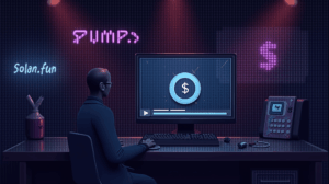 Cabecera cripto realista con Solana, branding Pump.fun, icono de streaming y pista filtrada de Drake en pantalla