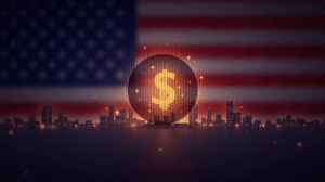 Fondo con bandera de EE.UU., token dorado iluminado y rascacielos, sugerente de stablecoins reguladas.