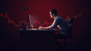 Trader institucional ante consola luminosa, gráficos rojos; Bitcoin y altcoins caen, sombra del hack de Bybit.