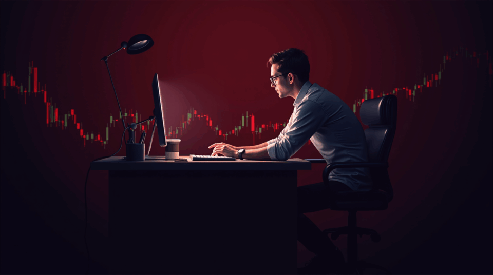 Trader institucional ante consola luminosa, gráficos rojos; Bitcoin y altcoins caen, sombra del hack de Bybit.