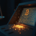Primer plano de un cajero Bitcoin con fragmentos de código brillando y balanzas de la justicia desenfocadas.