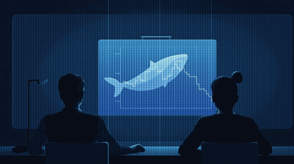 Escena periodística con logo de Cardano, gráfico de precios fluctuante y silueta de una ballena, iconos de cumplimiento.