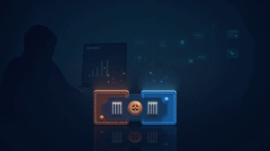 Escena fotorrealista de carteras cripto hot y cold con llaves multisig, panel de IA y silueta de hacker al fondo.