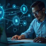 Banquero frente a una mesa; mensajes ISO 20022 de SWIFT fluyen hacia una red blockchain iluminada conectada a Chainlink.