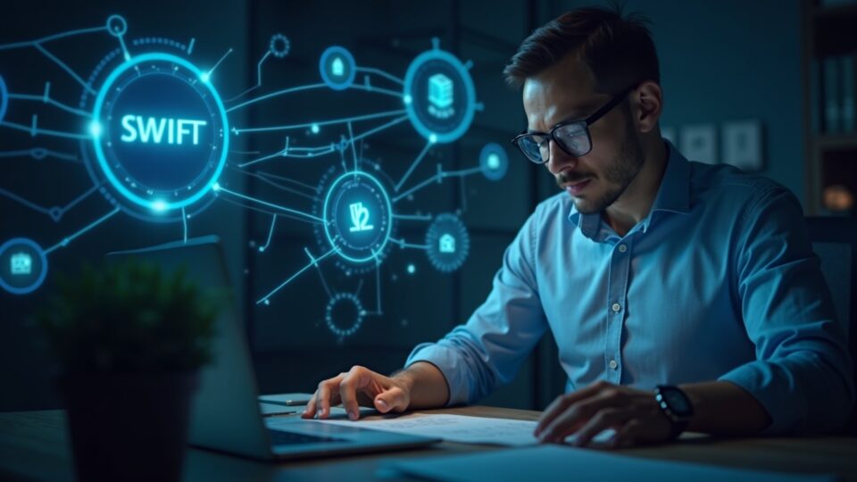 Banquero frente a una mesa; mensajes ISO 20022 de SWIFT fluyen hacia una red blockchain iluminada conectada a Chainlink.