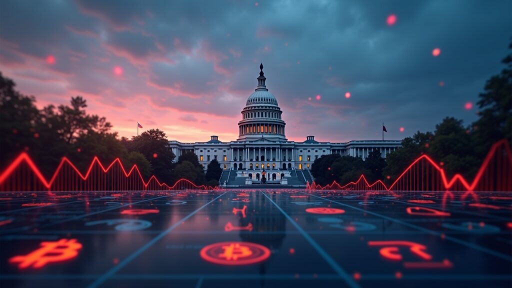 Capitolio de EE. UU. al atardecer, rejilla financiera digital con Bitcoin y stablecoins, flechas rojas de volatilidad.