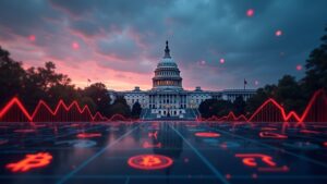 Capitolio de EE. UU. al atardecer, rejilla financiera digital con Bitcoin y stablecoins, flechas rojas de volatilidad.