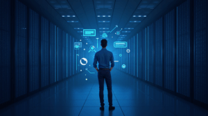 Centro de minería realista en un data center con racks de Bitcoin, iluminación azul Google y gráficos flotantes.