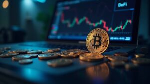 Encabezado fotorrealista: Bitcoin como colateral, mesa de trading y Morpho Labs; liquidez DeFi e adopción institucional.