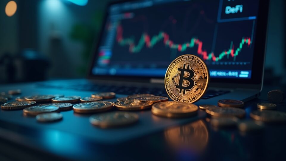 Encabezado fotorrealista: Bitcoin como colateral, mesa de trading y Morpho Labs; liquidez DeFi e adopción institucional.