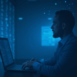 Ejecutivo tecnológico frente a un centro de datos futurista con código de IA holográfico y brillo azul.