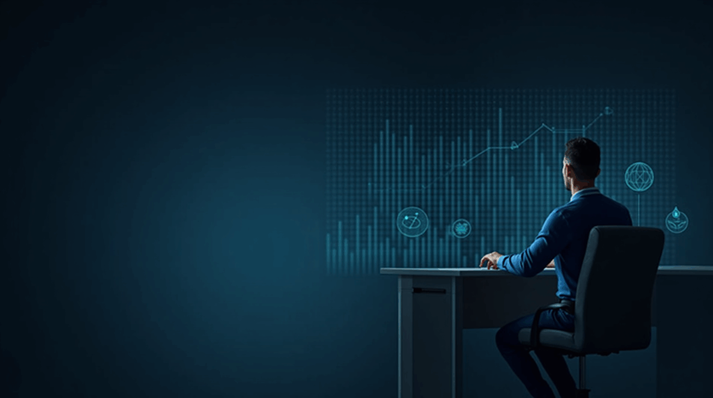 Asesor cripto en mesa, gráficos holográficos y símbolos blockchain ilustrando staking, lending y yield farming.
