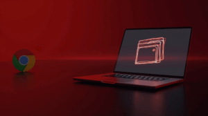 Portátil con cartera cripto en pantalla y advertencia roja; logo de Chrome al fondo para enfatizar riesgo de exploit.