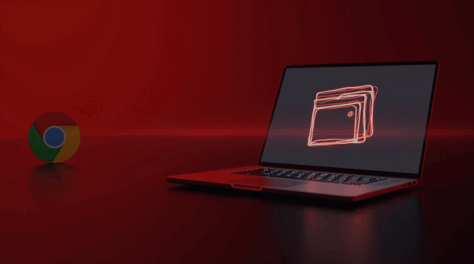Portátil con cartera cripto en pantalla y advertencia roja; logo de Chrome al fondo para enfatizar riesgo de exploit.