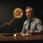 Encabezado fotorrealista: retrato de inversor, Bitcoin, barra de oro y gráfico de deuda con dólar en caída.