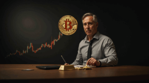 Encabezado fotorrealista: retrato de inversor, Bitcoin, barra de oro y gráfico de deuda con dólar en caída.