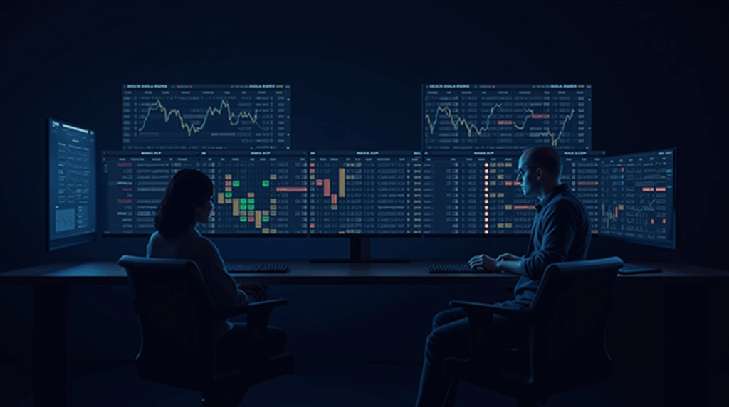 Mesa de trading cripto realista con pantallas que muestran bots delta-neutrales, maker rebates y libros de órdenes en vivo.