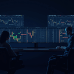 Mesa de trading cripto realista con pantallas que muestran bots delta-neutrales, maker rebates y libros de órdenes en vivo.