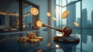 Penthouse de lujo en Singapur, tras vidrio, con tokens cripto flotando y un martillo de juez, depósito retenido.