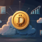 DOGE en el centro, visuales de minería en la nube, contrato y gráfico ascendente