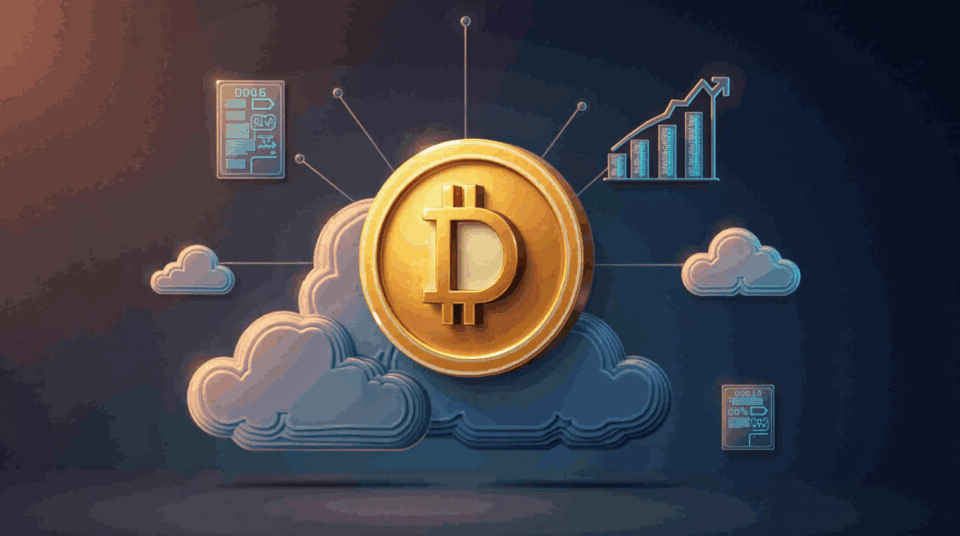 DOGE en el centro, visuales de minería en la nube, contrato y gráfico ascendente