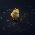 Dogecoin sube sobre un panel bursátil con tickers de ETFs, señalando acceso institucional y supervisión regulatoria.