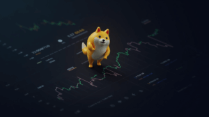 Dogecoin sube sobre un panel bursátil con tickers de ETFs, señalando acceso institucional y supervisión regulatoria.