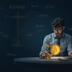Trader enfocado ante un holograma de Dogecoin en ascenso, con balanzas de la SEC al fondo, simbolizando regulación e adopción institucional.