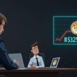 Sala de juntas con ticker de Dogecoin mostrando caída; ejecutivo preocupado ante riesgo regulatorio y volatilidad